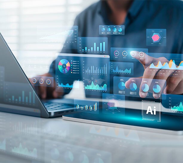 Business professional interacting with a transparent digital dashboard displaying charts, graphs, and analytics, representing data visualization, performance tracking, and business intelligence.